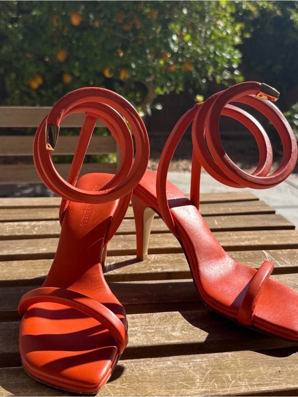 Bottega Veneta Orange Circular Ankle spiral Strap Heels sandals